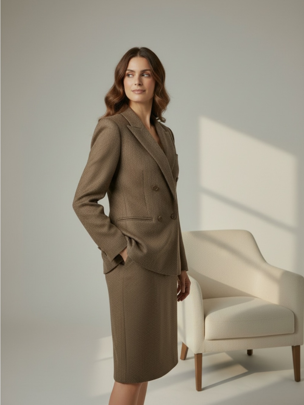 Harve Benard Taupe-Brown Suit. 
Double-Breasted Blazer with Pencil Skirt